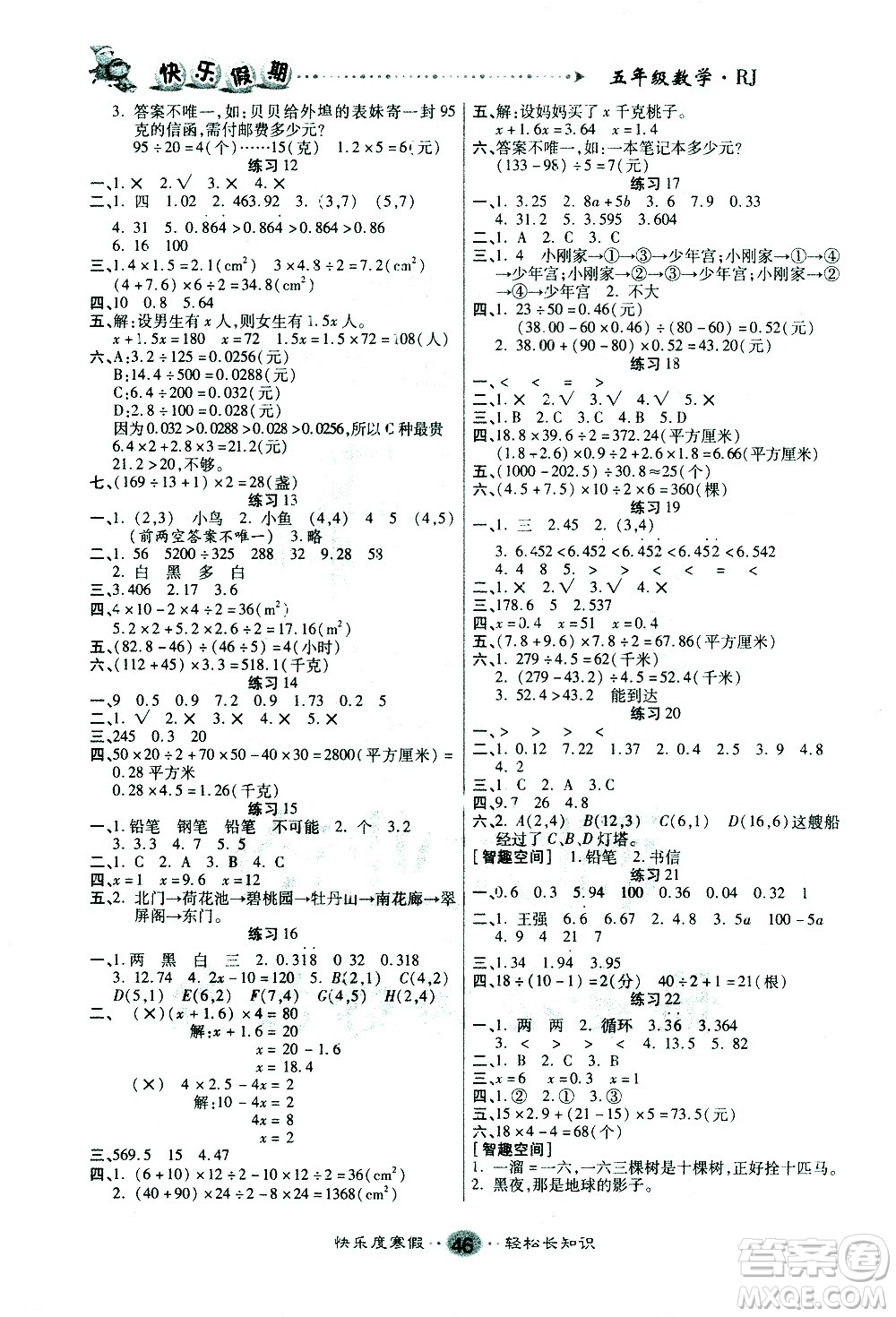 太白文藝出版社2021寒假作業(yè)快樂(lè)假期五年級(jí)數(shù)學(xué)人教版答案