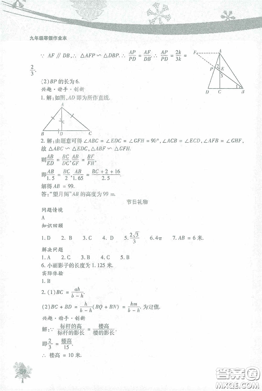 北京教育出版社2021寒假作業(yè)本數(shù)學(xué)九年級(jí)答案