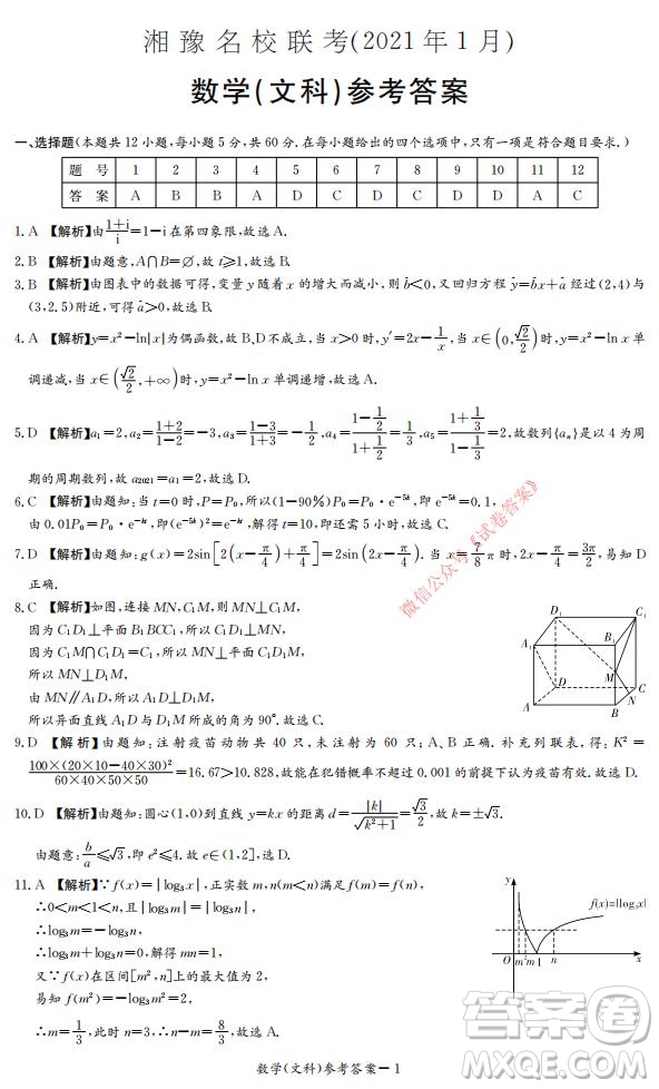 2021年湘豫名校聯(lián)考高三1月聯(lián)考文科數(shù)學(xué)試題及答案