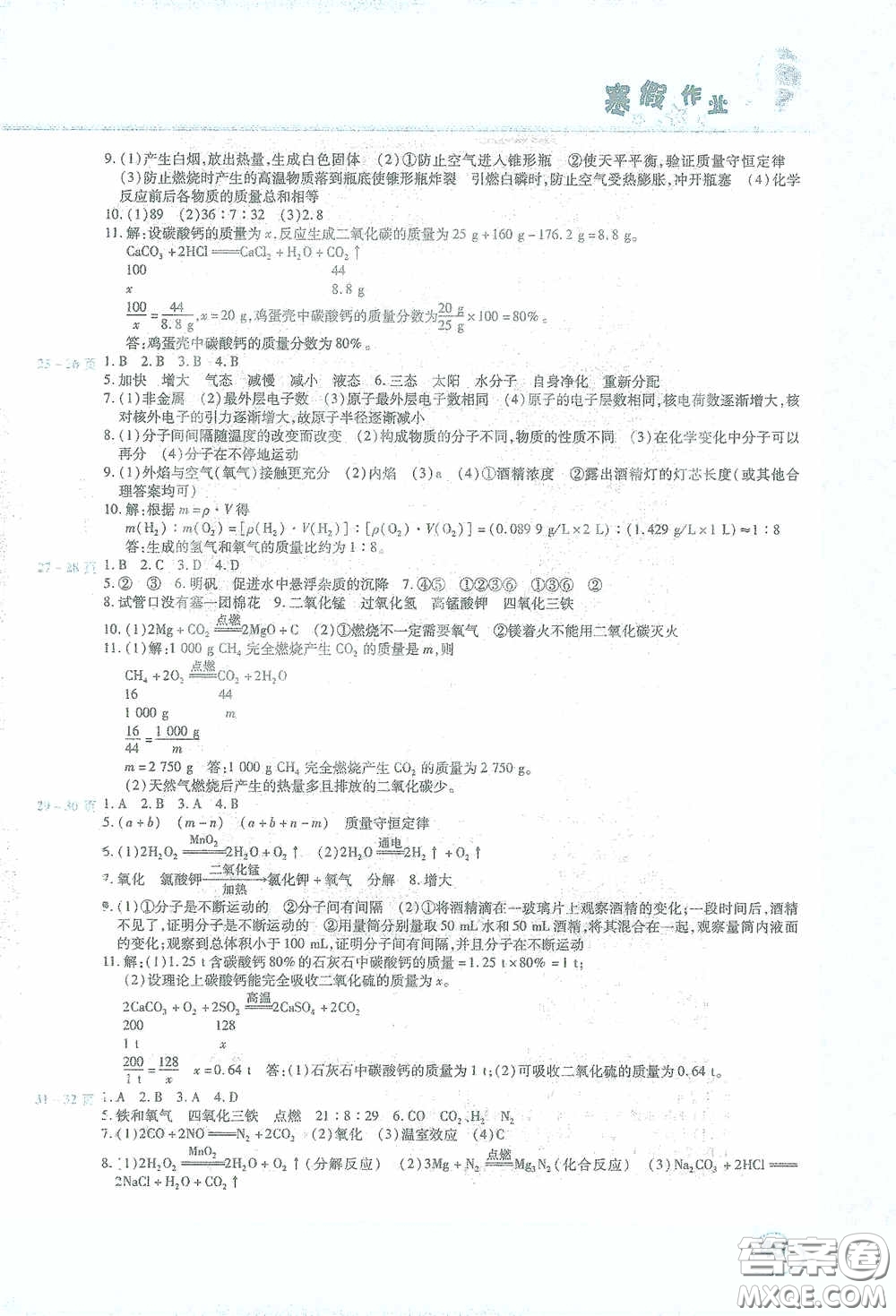 2021豫新銳寒假作業(yè)假期園地九年級(jí)化學(xué)答案