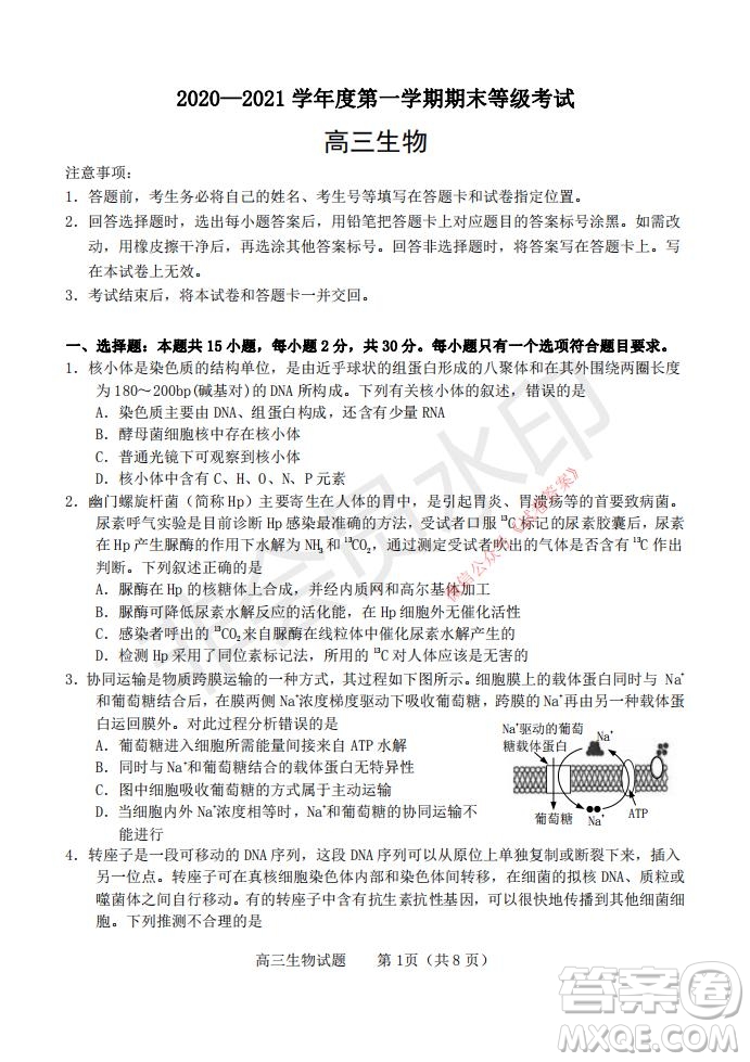 煙臺(tái)2020-2021學(xué)年度第一學(xué)期期末學(xué)業(yè)水平診斷高三生物試題及答案