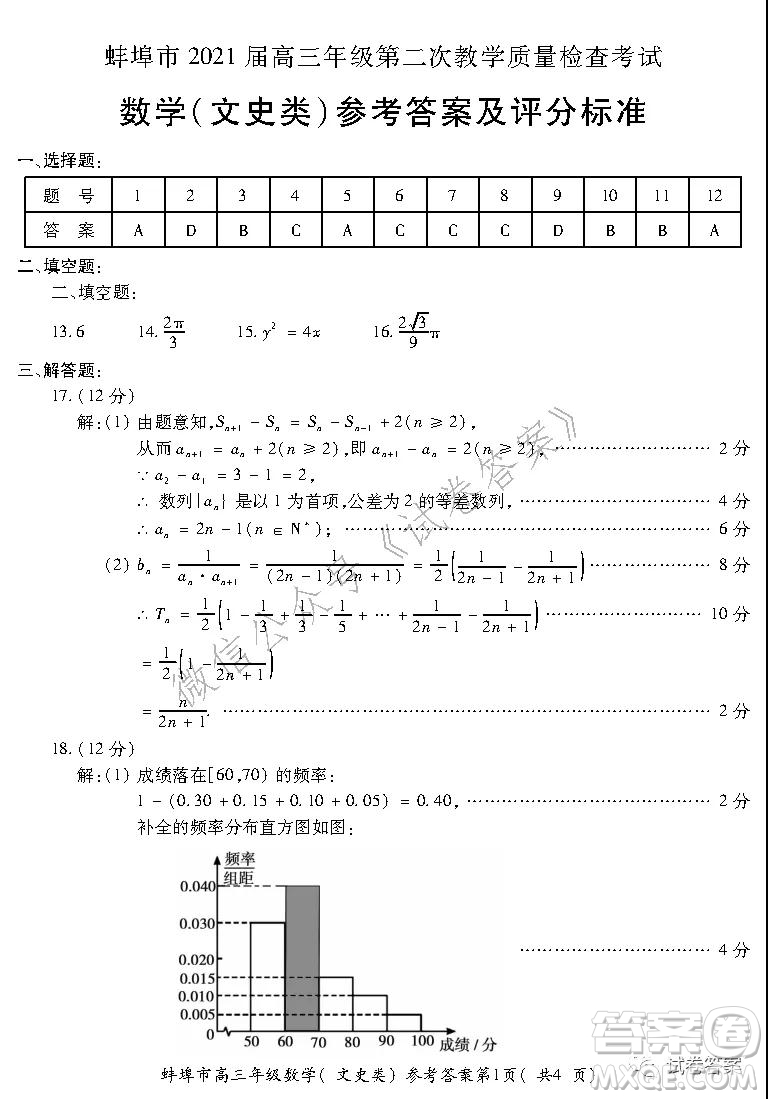 蚌埠市2021屆高三年級(jí)第二次教學(xué)質(zhì)量檢查考試數(shù)學(xué)文史類(lèi)試題及答案