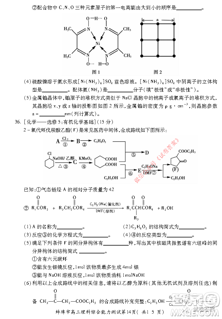 蚌埠市2021屆高三年級第二次教學質量檢查考試理科綜合試題及答案