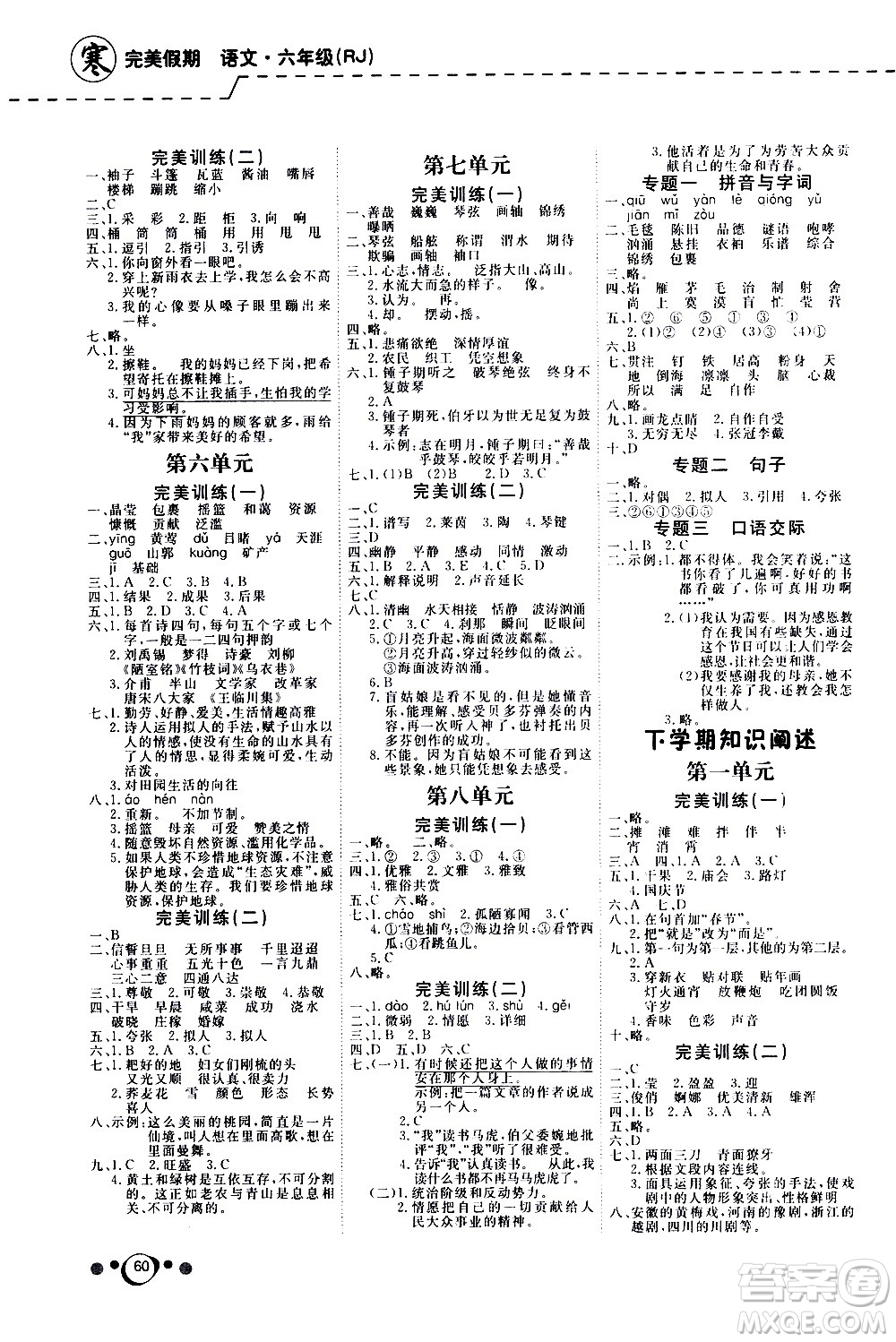 延邊教育出版社2021快樂(lè)假期寒假作業(yè)語(yǔ)文學(xué)期銜接六年級(jí)RJ人教版答案