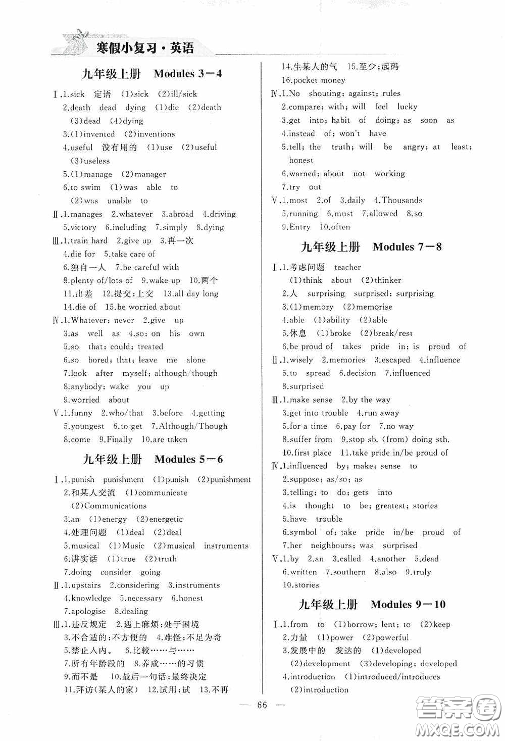 山東人民出版社2021寒假小復(fù)習(xí)九年級英語外研版答案