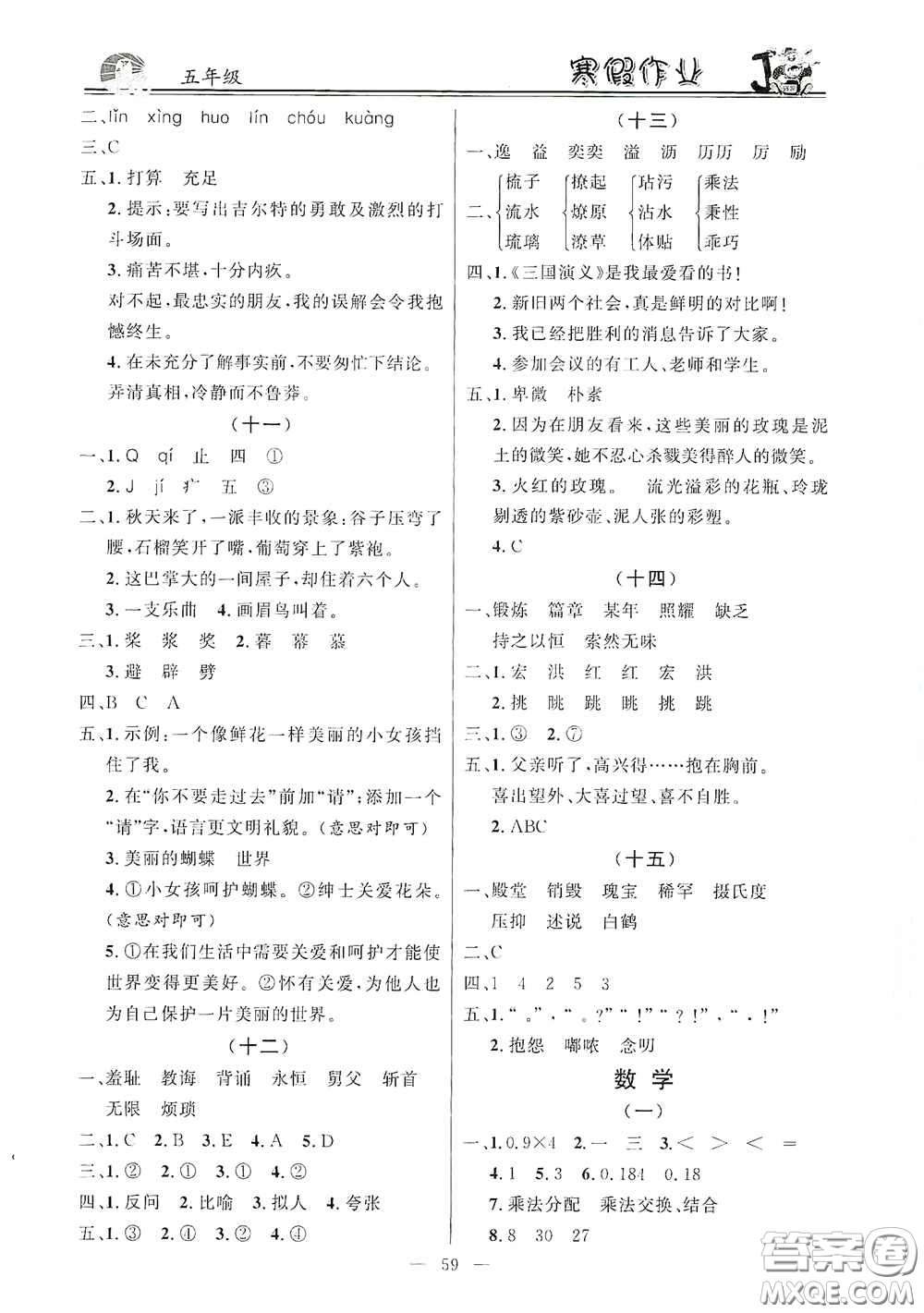 新世紀(jì)出版社2021百年學(xué)典快樂假期寒假作業(yè)五年級合訂本答案