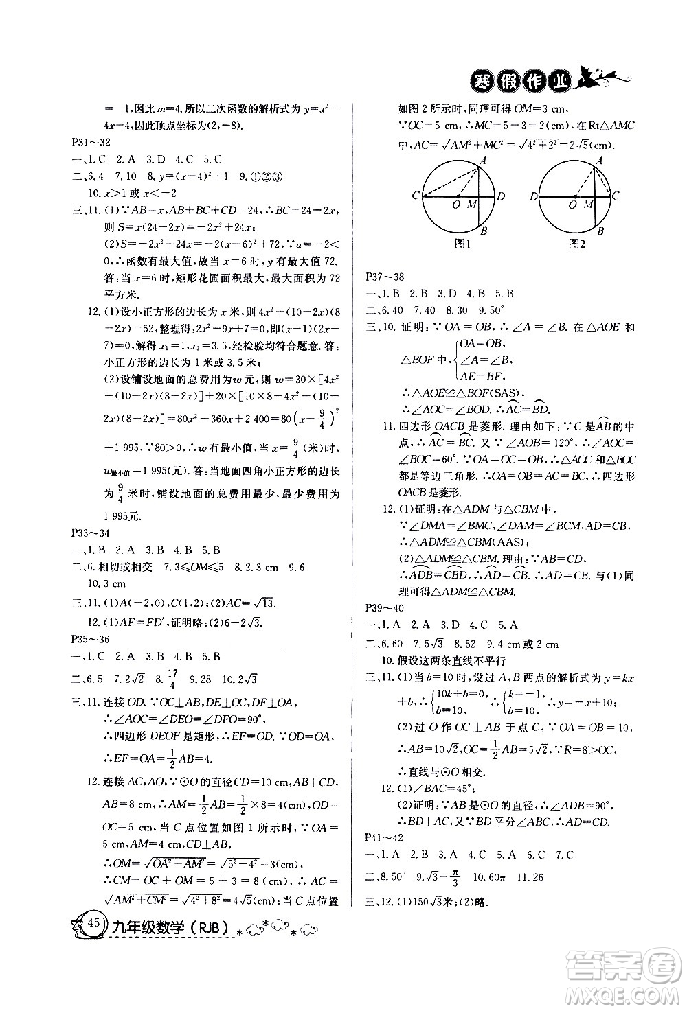 延邊教育出版社2021快樂假期寒假作業(yè)九年級數(shù)學(xué)RJB人教版答案