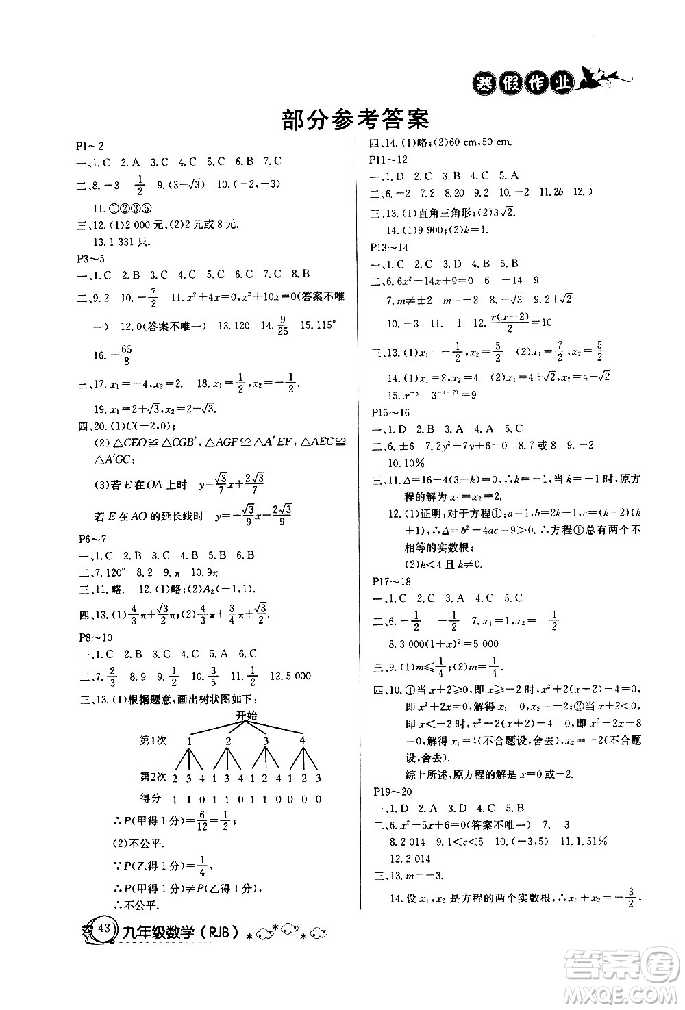 延邊教育出版社2021快樂假期寒假作業(yè)九年級數(shù)學(xué)RJB人教版答案