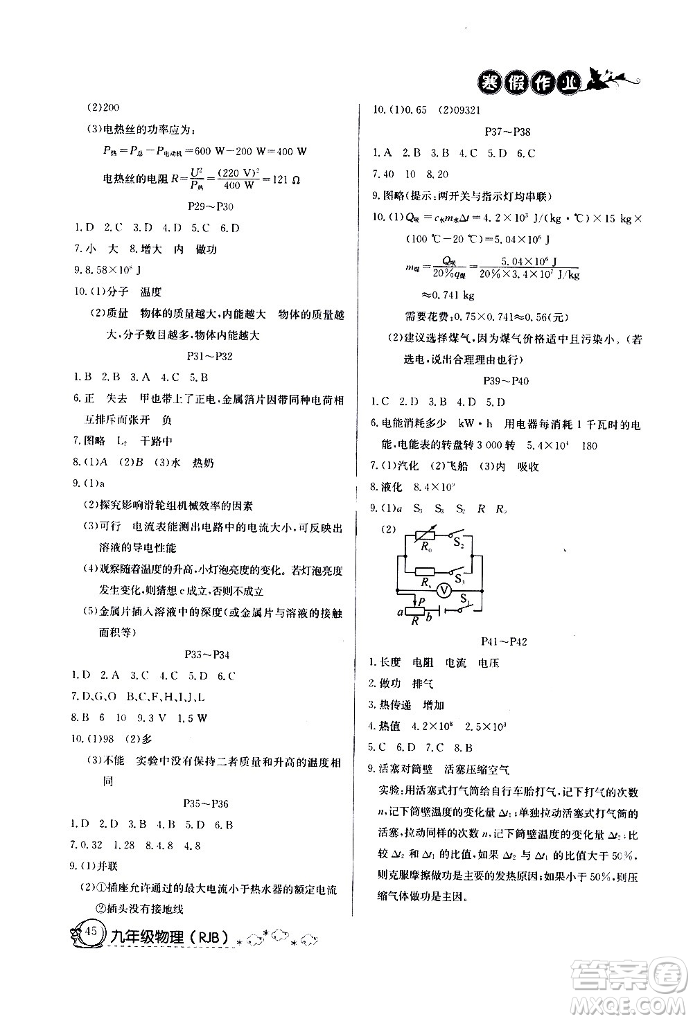 延邊教育出版社2021快樂假期寒假作業(yè)九年級物理RJB人教版答案