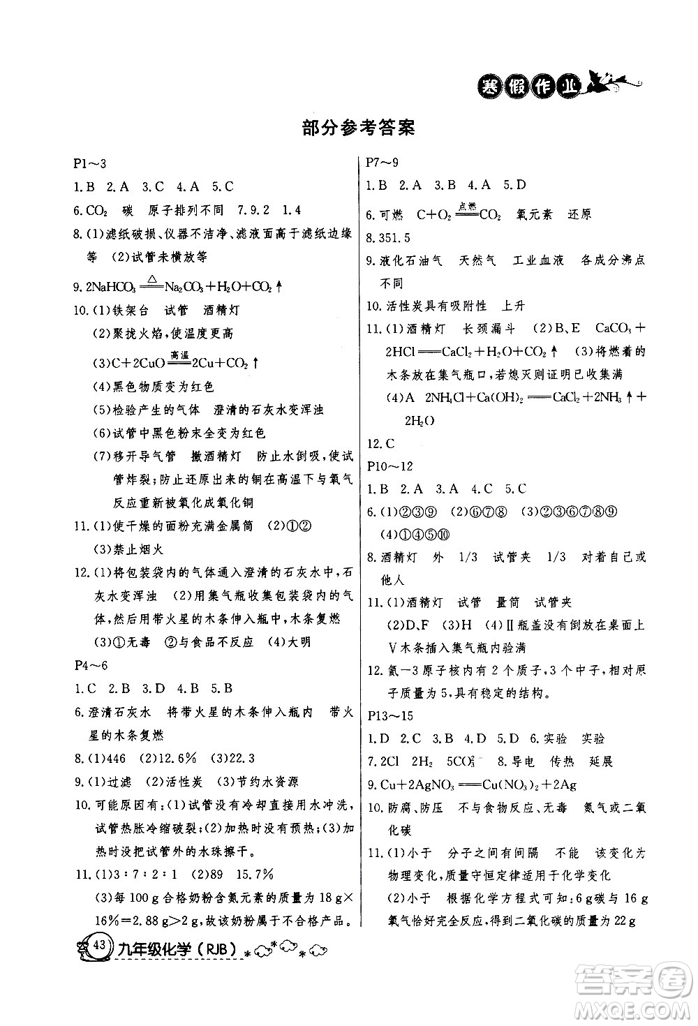 延邊教育出版社2021快樂假期寒假作業(yè)九年級化學RJB人教版答案