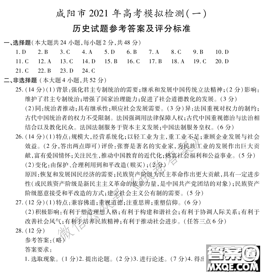 咸陽市2021年高考模擬檢測(cè)一政治歷史地理答案