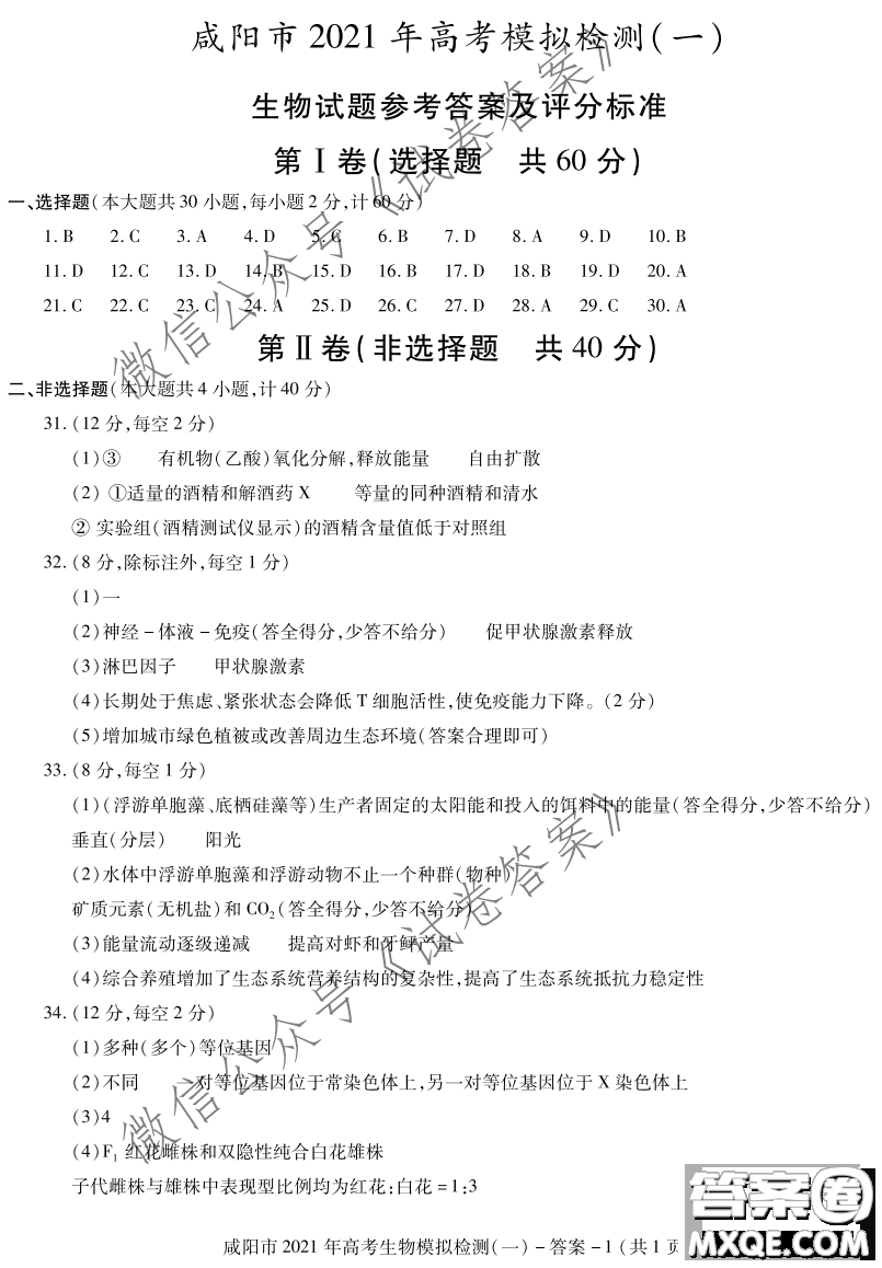 咸陽(yáng)市2021年高考模擬檢測(cè)一物理化學(xué)生物答案