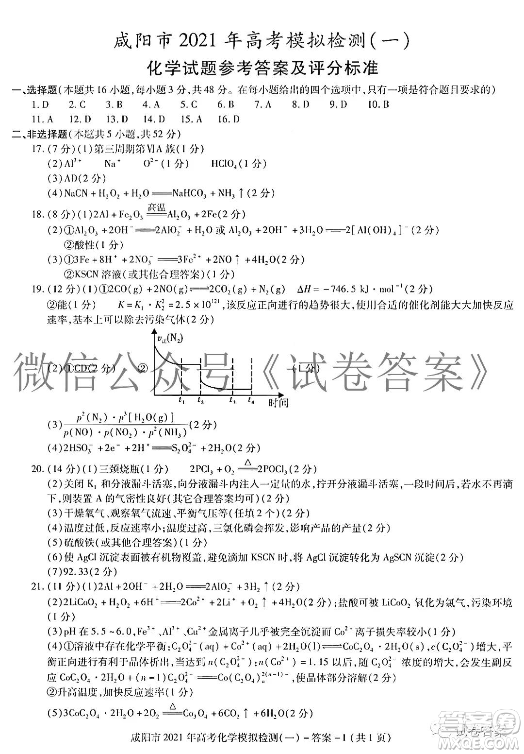 咸陽(yáng)市2021年高考模擬檢測(cè)一物理化學(xué)生物答案