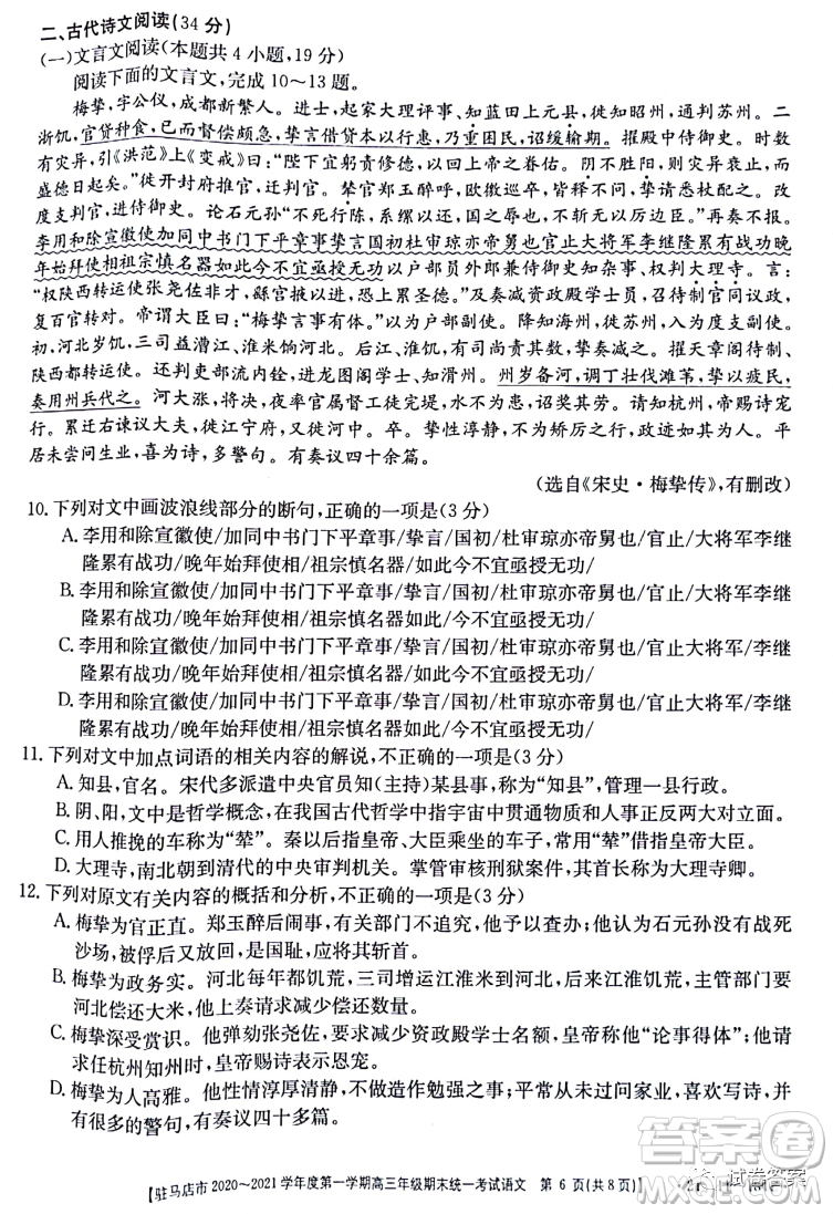 駐馬店市2020-2021學(xué)年度第一學(xué)期高三年級(jí)期末統(tǒng)一考試語文試題及答案