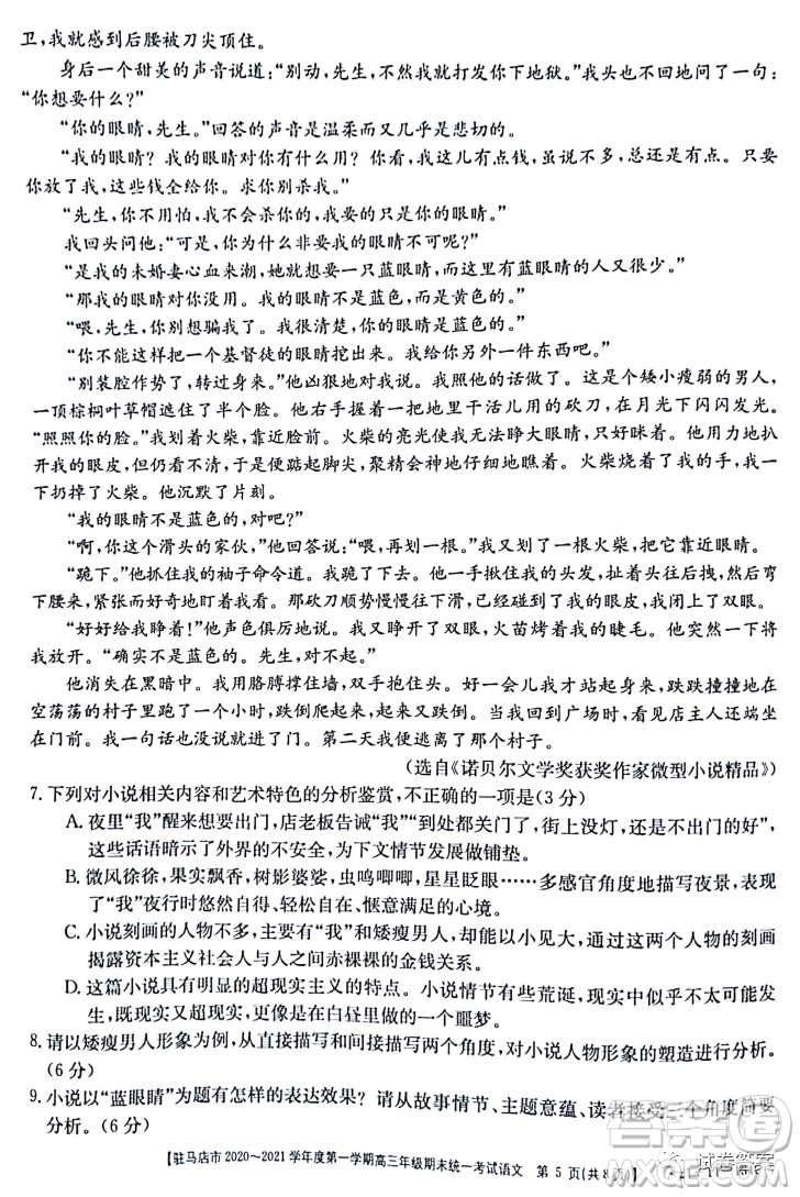 駐馬店市2020-2021學(xué)年度第一學(xué)期高三年級(jí)期末統(tǒng)一考試語文試題及答案