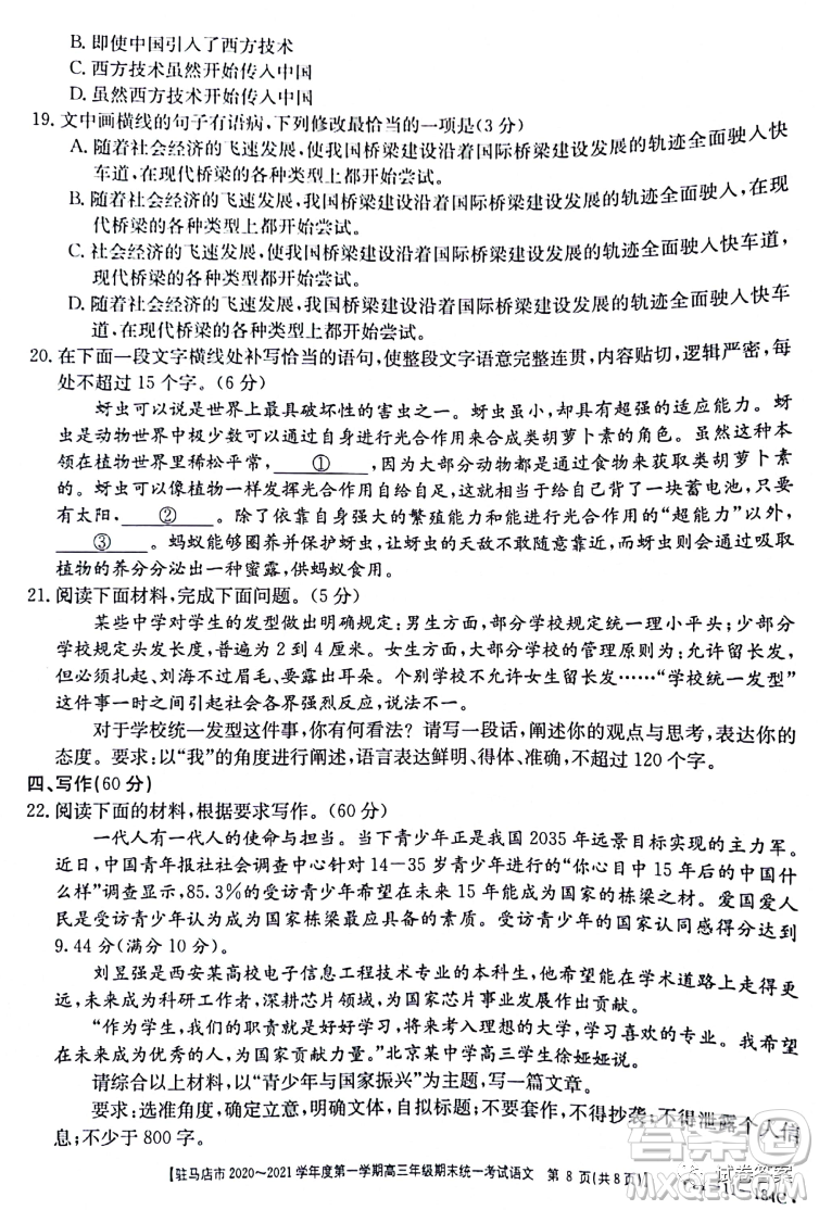 駐馬店市2020-2021學(xué)年度第一學(xué)期高三年級(jí)期末統(tǒng)一考試語文試題及答案