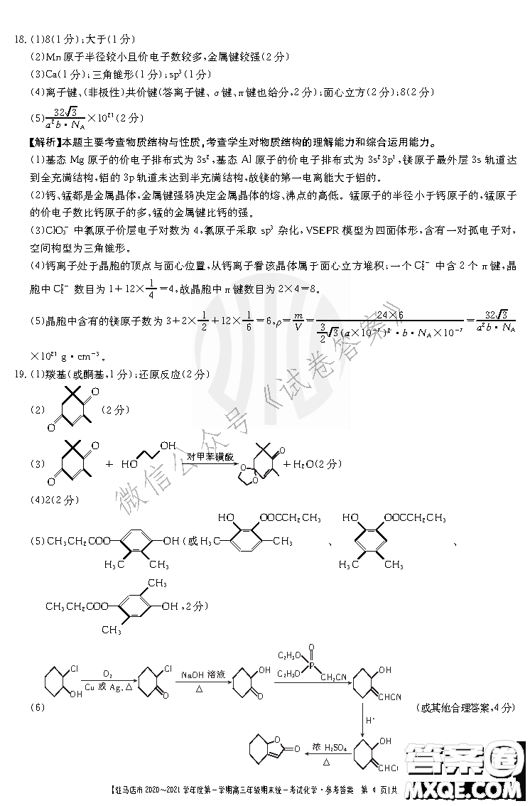 駐馬店市2020-2021學年度第一學期高三年級期末統(tǒng)一考試化學試題及答案