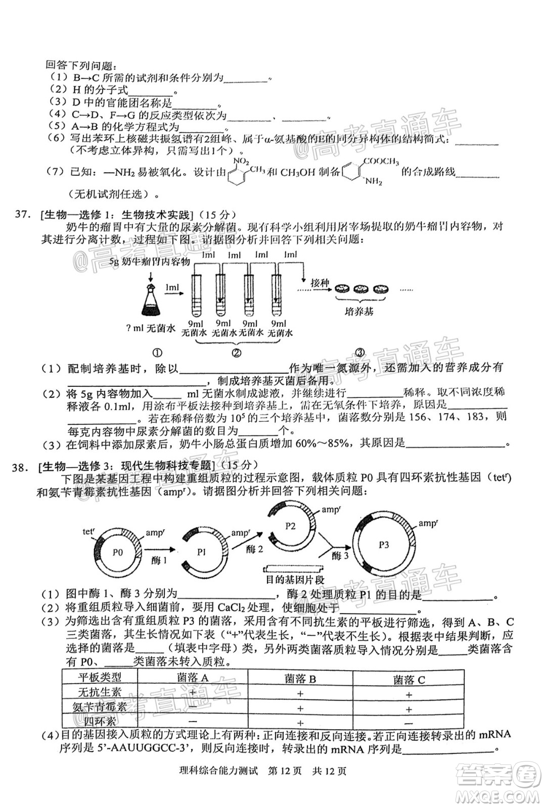 滁州市2021年高三第一次教學(xué)質(zhì)量監(jiān)測理科綜合試題及答案