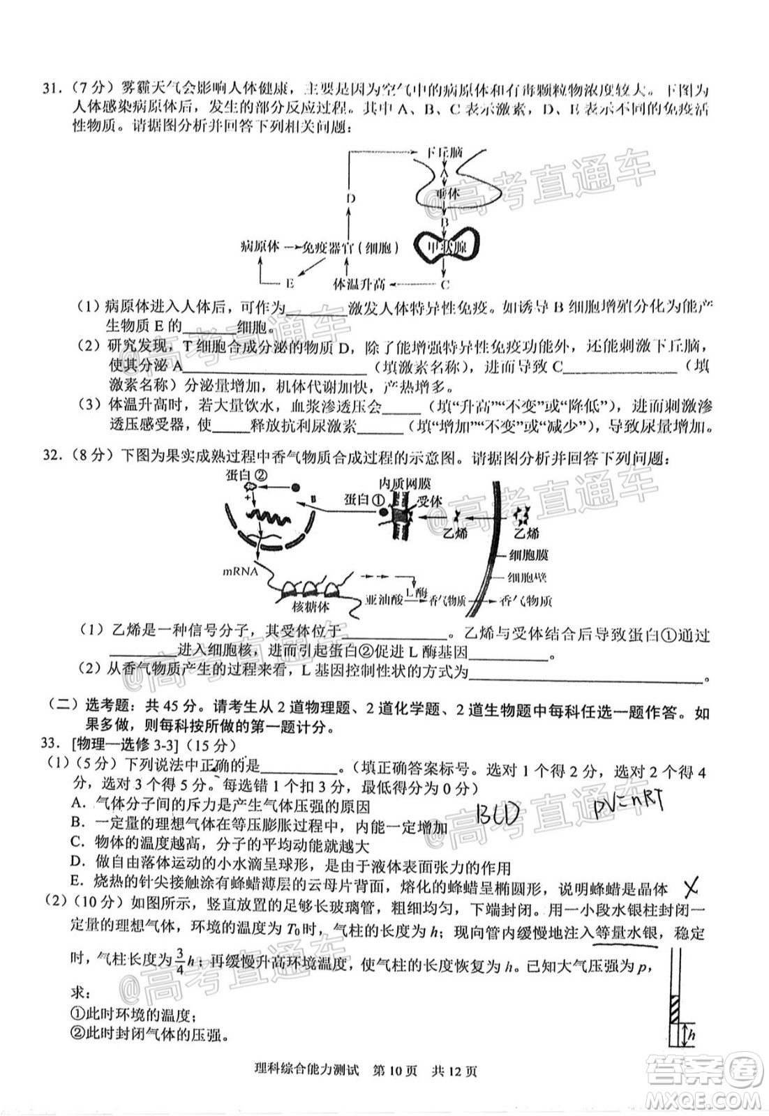 滁州市2021年高三第一次教學(xué)質(zhì)量監(jiān)測理科綜合試題及答案