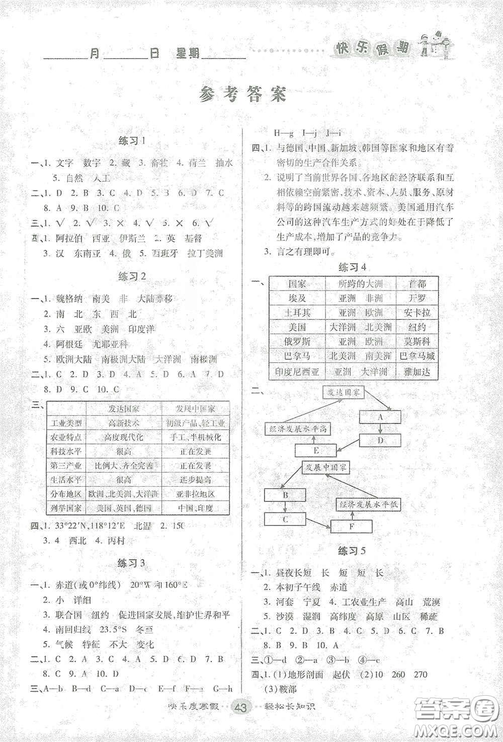 文濤書業(yè)2021寒假作業(yè)快樂假期七年級地理人教版答案