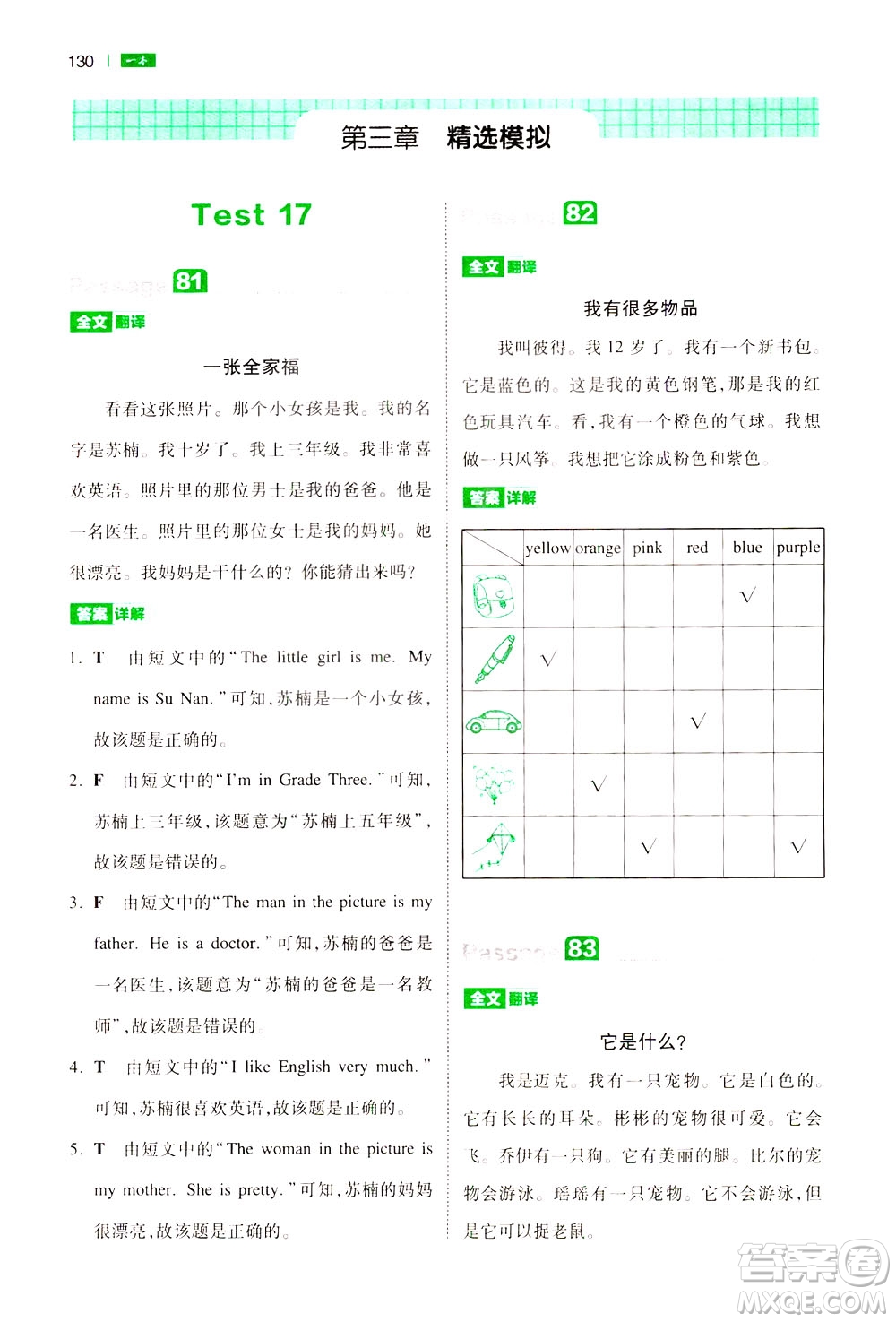 江西人民出版社2021版一本小學英語閱讀訓練100篇三年級答案