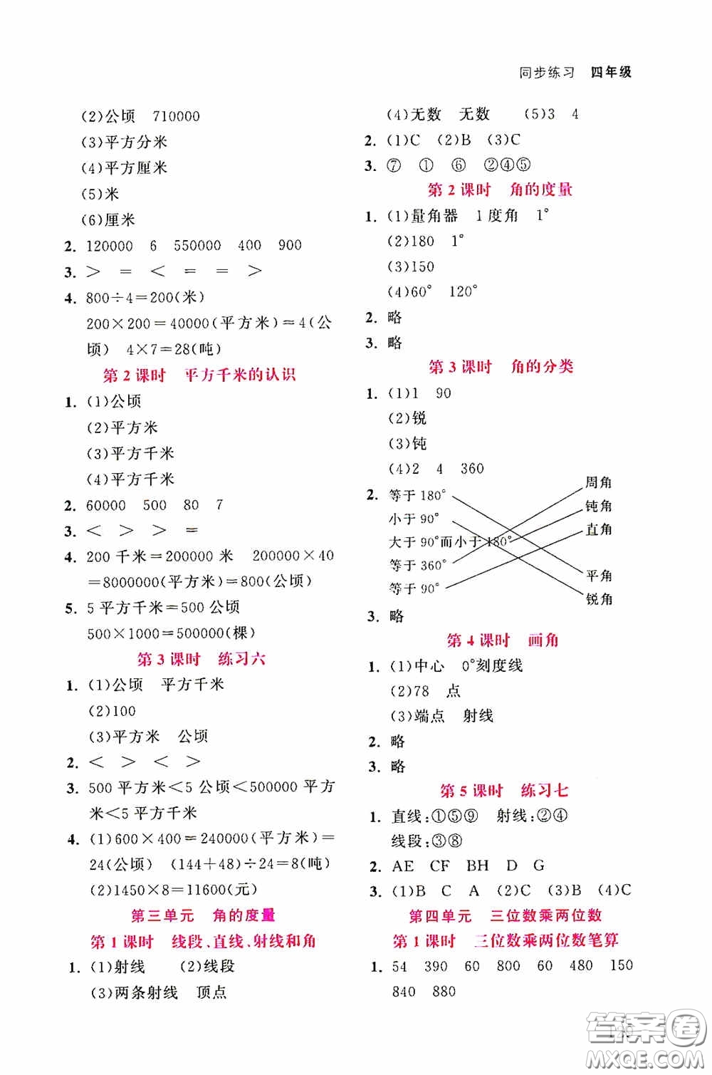 湖北教育出版社2021天天5分鐘同步練習(xí)數(shù)學(xué)四年級(jí)答案