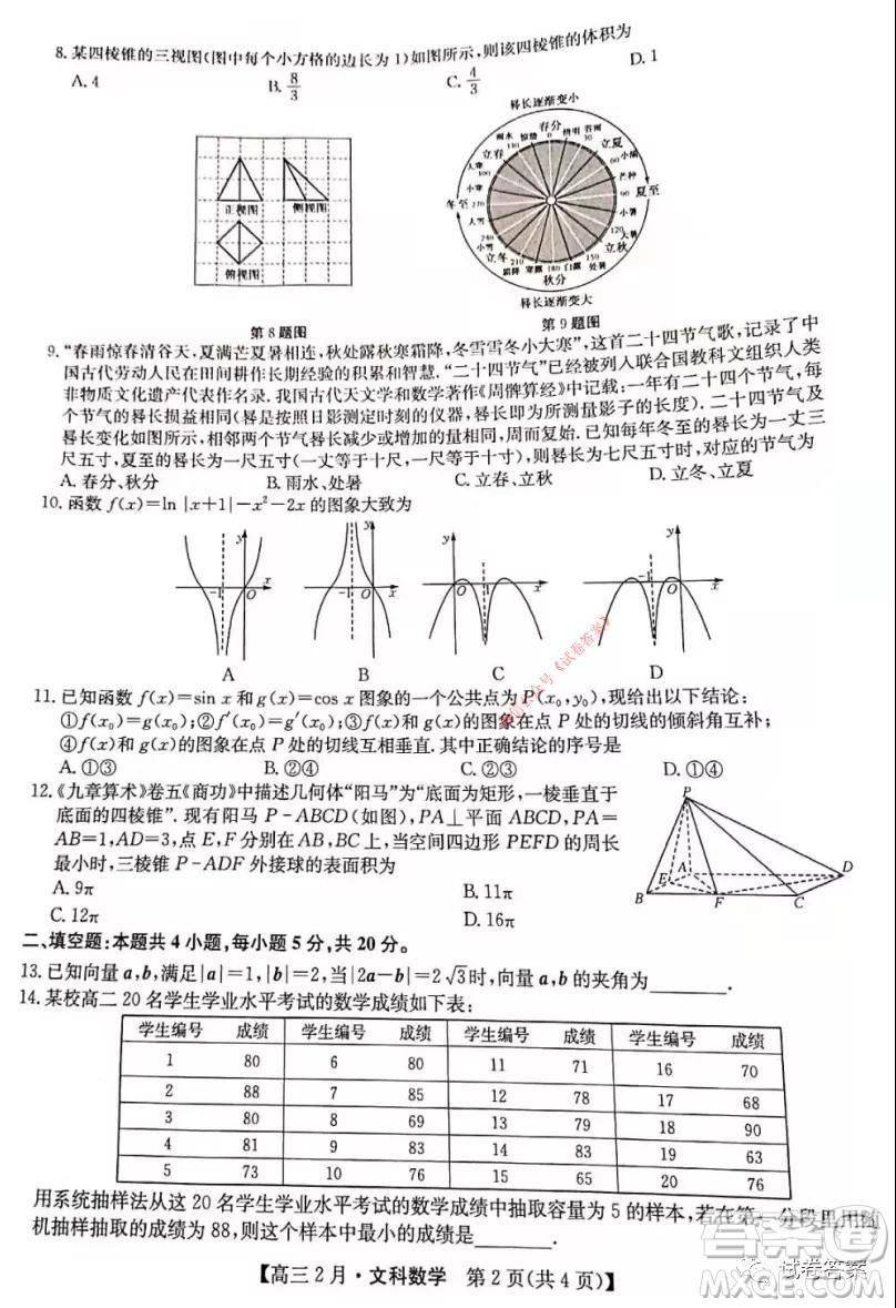 九師聯(lián)盟2020-2021學年高三2月質量檢測文科數學試題及答案