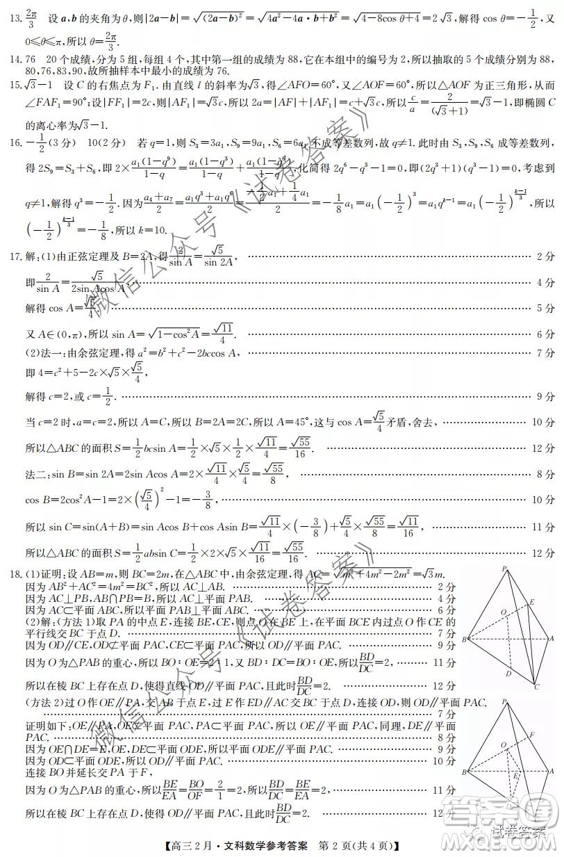 九師聯(lián)盟2020-2021學年高三2月質量檢測文科數學試題及答案