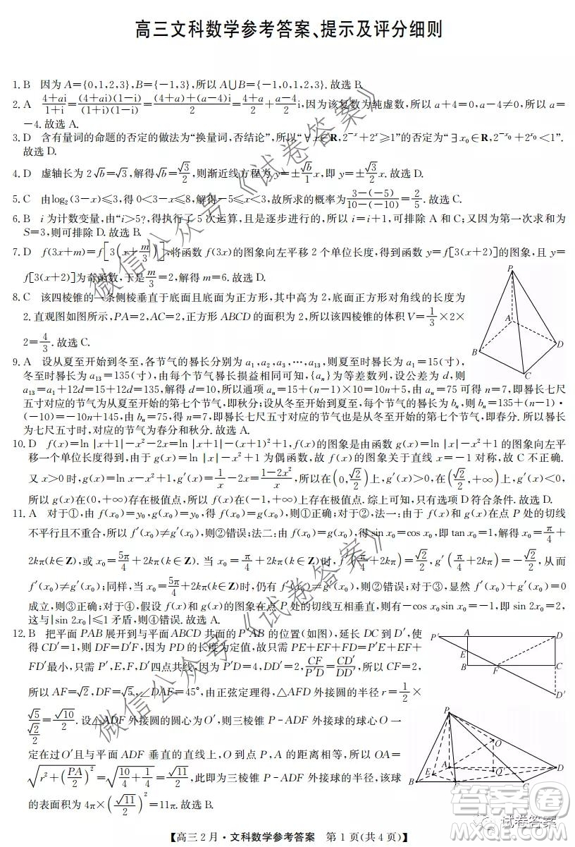 九師聯(lián)盟2020-2021學年高三2月質量檢測文科數學試題及答案