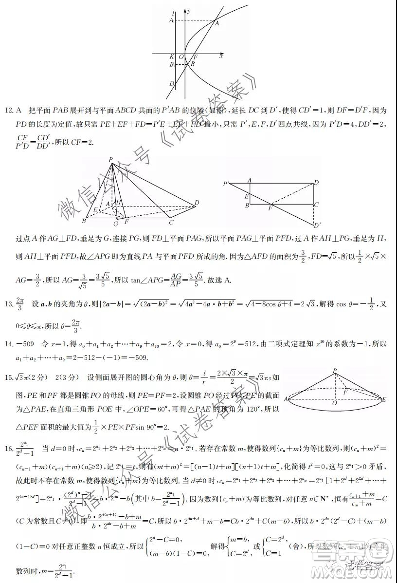 九師聯(lián)盟2020-2021學(xué)年高三2月質(zhì)量檢測理科數(shù)學(xué)試題及答案