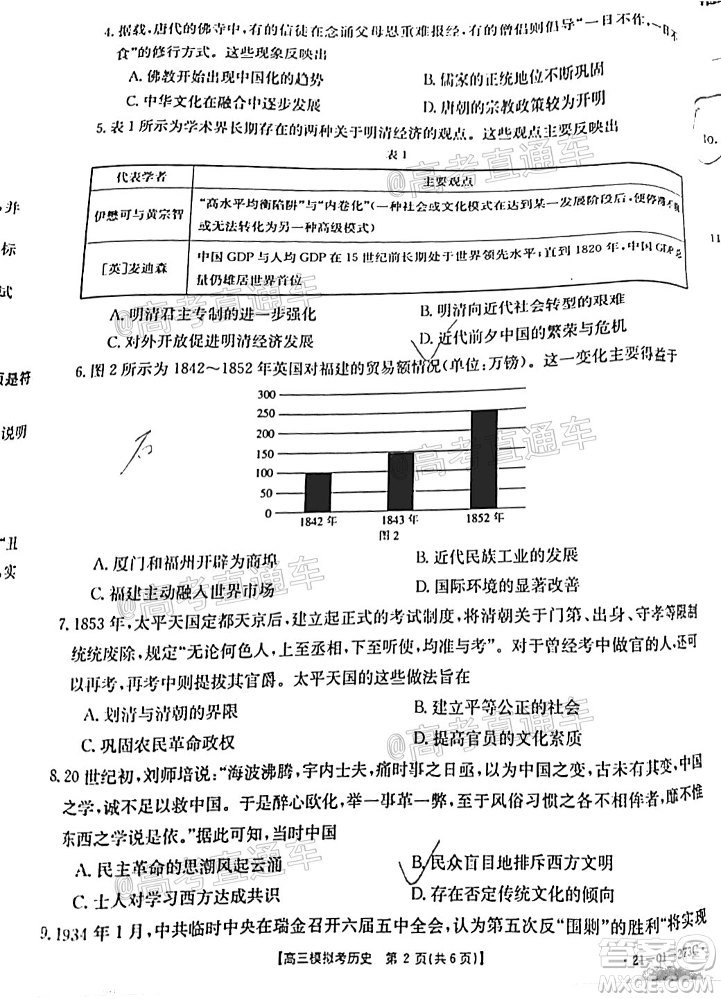 2021年福建金太陽高三2月聯(lián)考歷史試題及答案