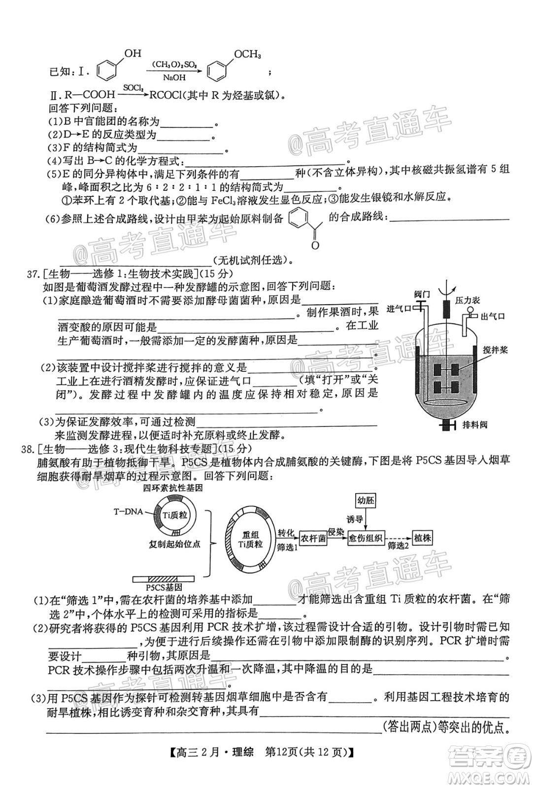 九師聯(lián)盟2020-2021學年高三2月質(zhì)量檢測理科綜合試題及答案