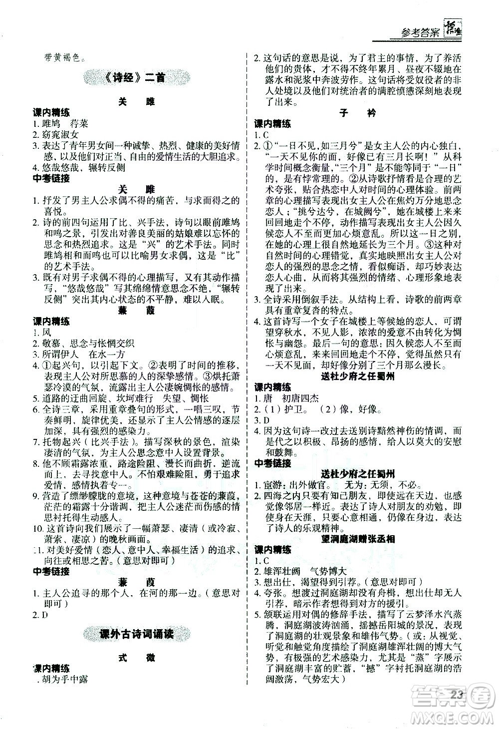 河北美術(shù)出版社2021版登甲閱讀古詩文講練版八年級語文答案