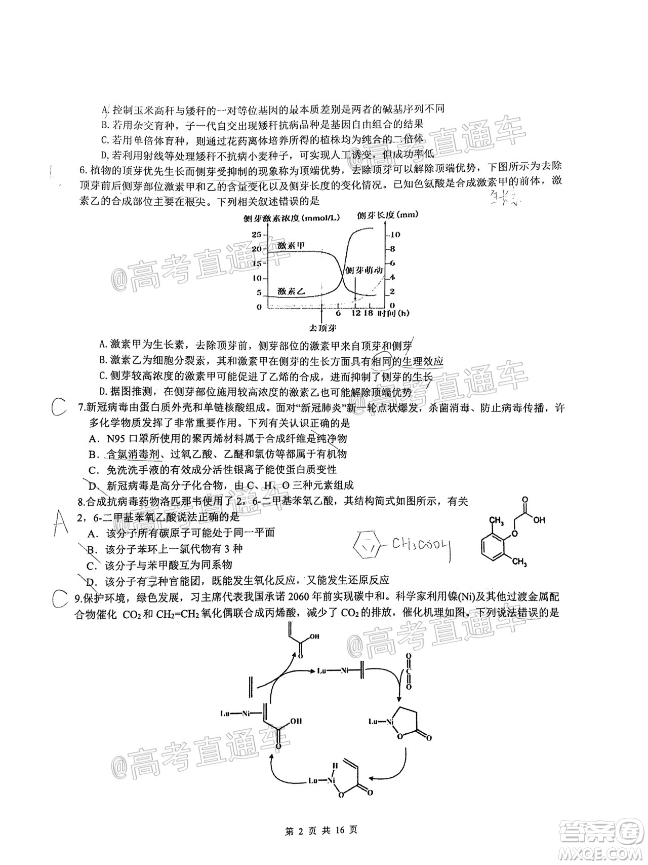 安徽省六校教育研究會2021屆高三聯(lián)考理科綜合能力測試答案