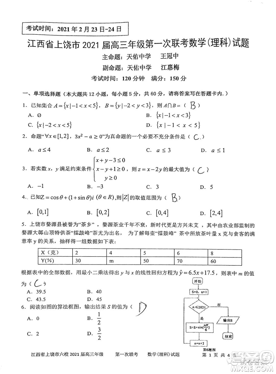 江西省上饒市2021屆高三年級(jí)第一次聯(lián)考理科數(shù)學(xué)試題答案