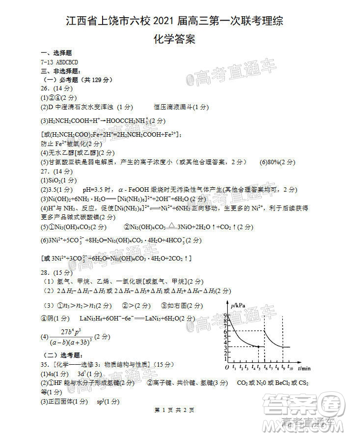 江西省上饒市六校2021屆高三年級第一次聯(lián)考理科綜合試題答案