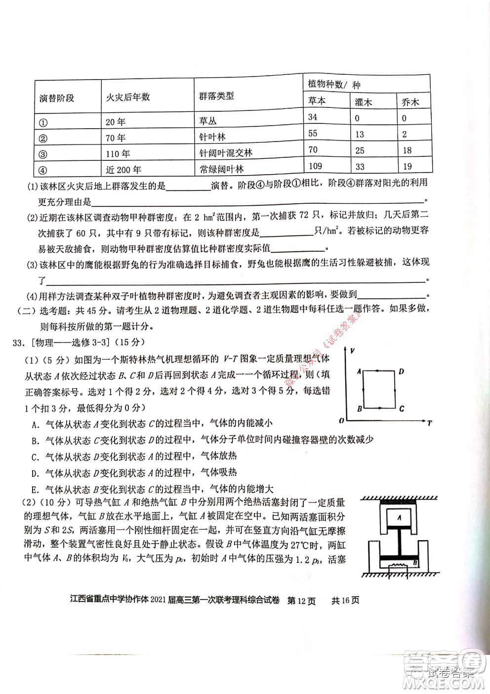 江西省重點(diǎn)中學(xué)協(xié)作體2021屆高三年級(jí)第一次聯(lián)考理科綜合試題及答案