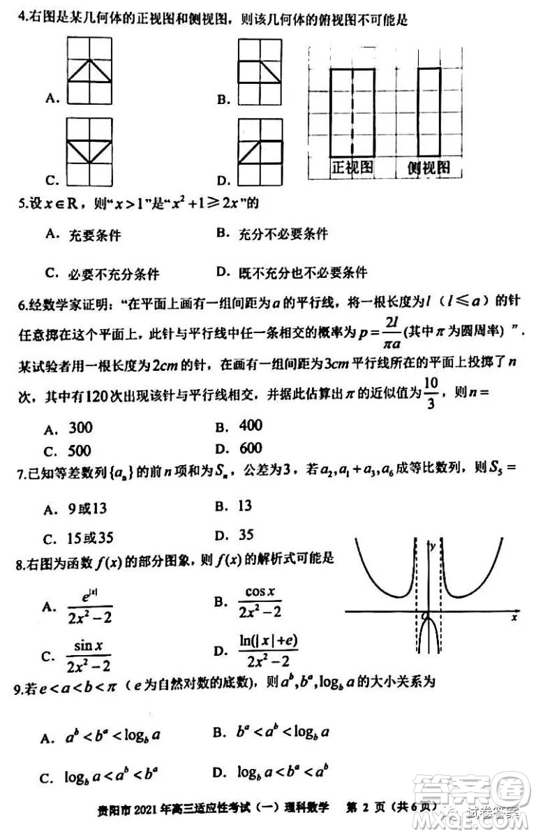 貴陽市銅仁市2021年高三適應性考試一理科數(shù)學試題及答案