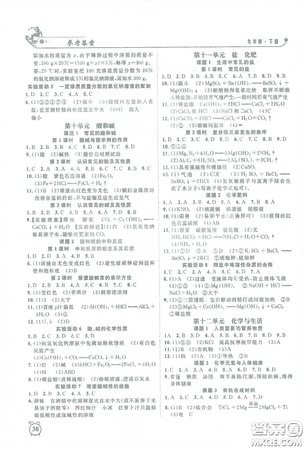 鐘書金牌2021過(guò)關(guān)沖刺100分課時(shí)作業(yè)九年級(jí)化學(xué)下冊(cè)人教版答案