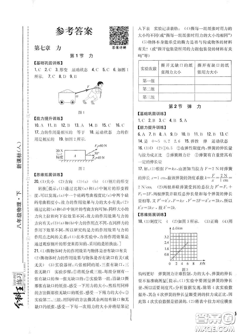 吉林人民出版社2021全科王同步課時練習(xí)八年級物理下冊新課標人教版答案