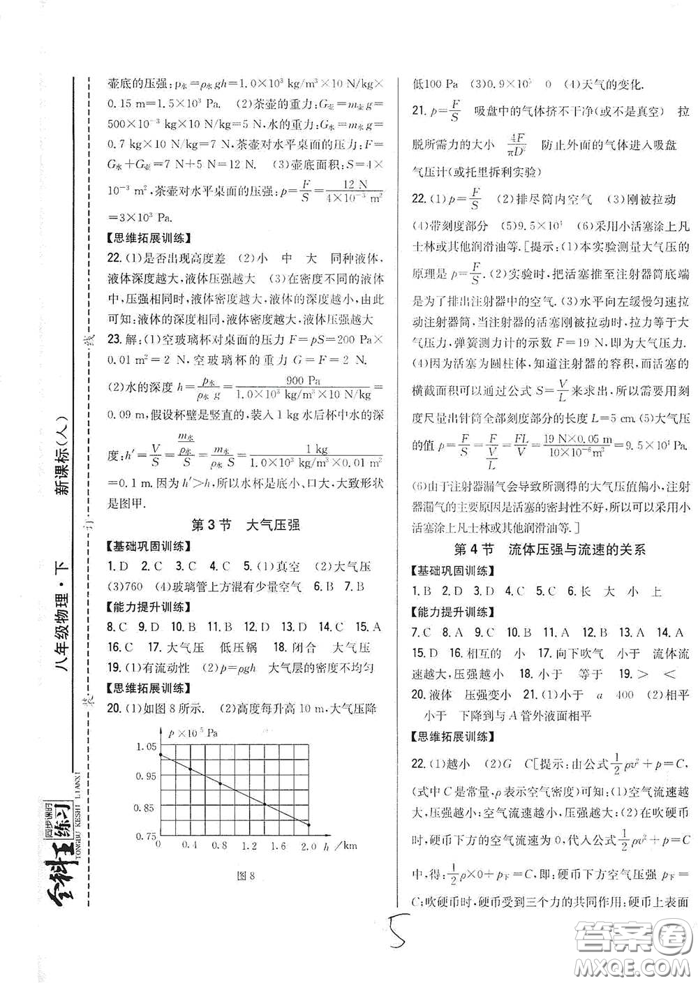 吉林人民出版社2021全科王同步課時練習(xí)八年級物理下冊新課標人教版答案