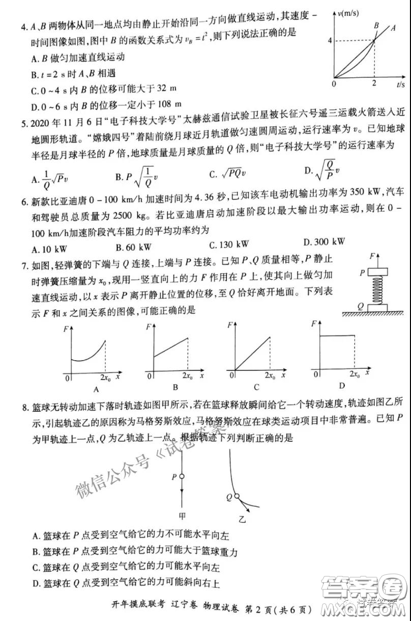 百師聯(lián)盟2021屆高三開年摸底聯(lián)考遼寧卷物理試卷及答案