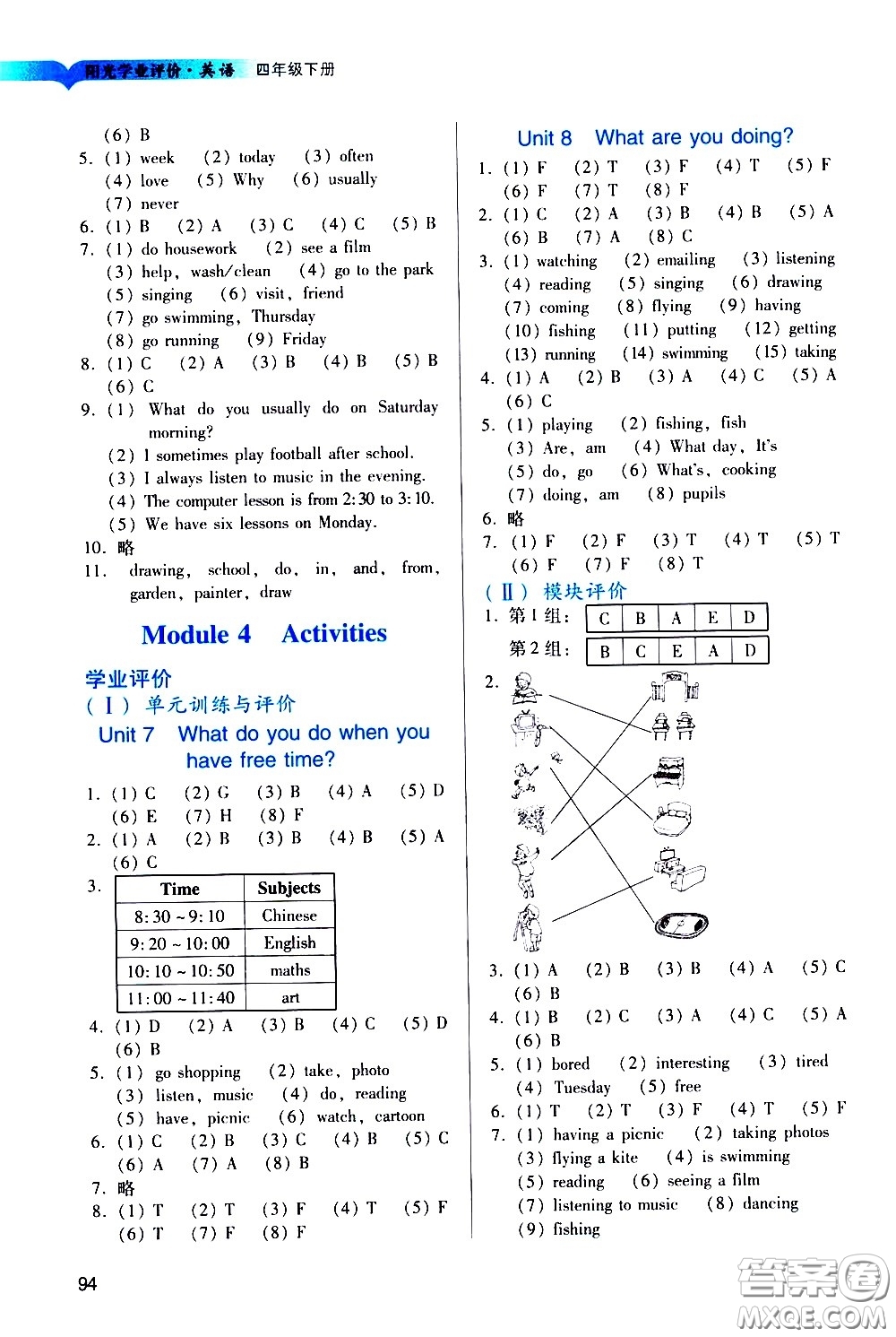 廣州出版社2021陽光學(xué)業(yè)評價(jià)英語四年級(jí)下冊教科版答案