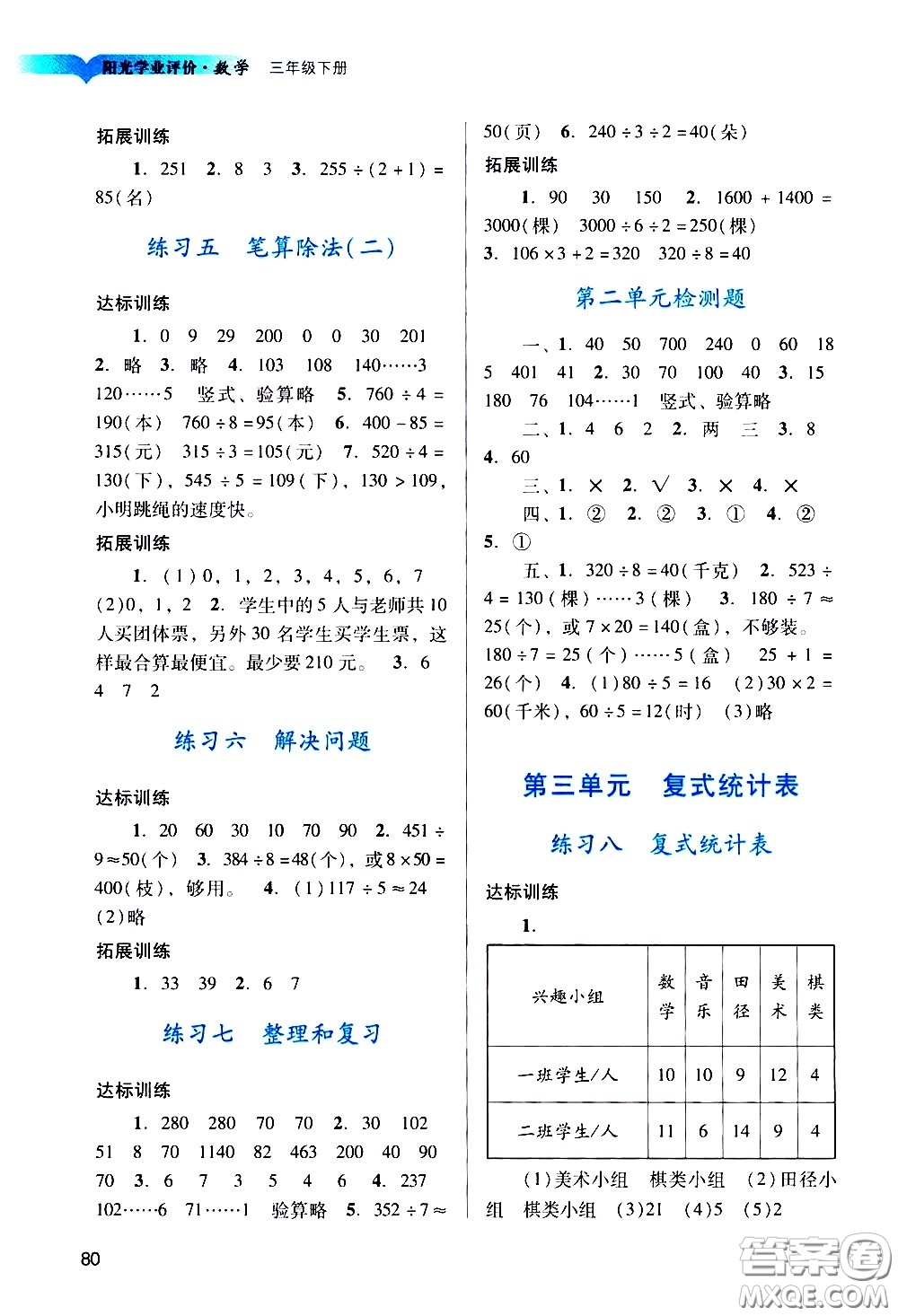 廣州出版社2021陽光學(xué)業(yè)評價(jià)數(shù)學(xué)三年級下冊人教版答案