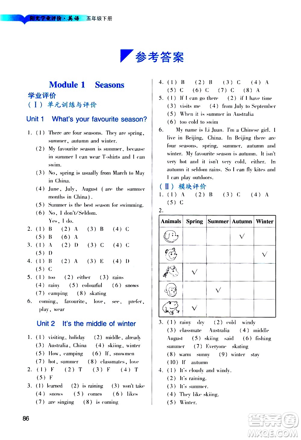 廣州出版社2021陽光學(xué)業(yè)評價英語五年級下冊教科版答案