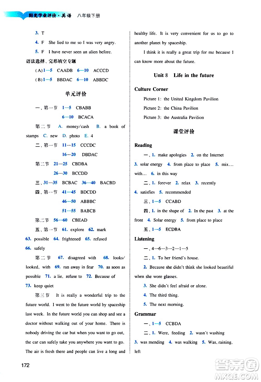 廣州出版社2021陽光學業(yè)評價英語八年級下冊滬教版答案