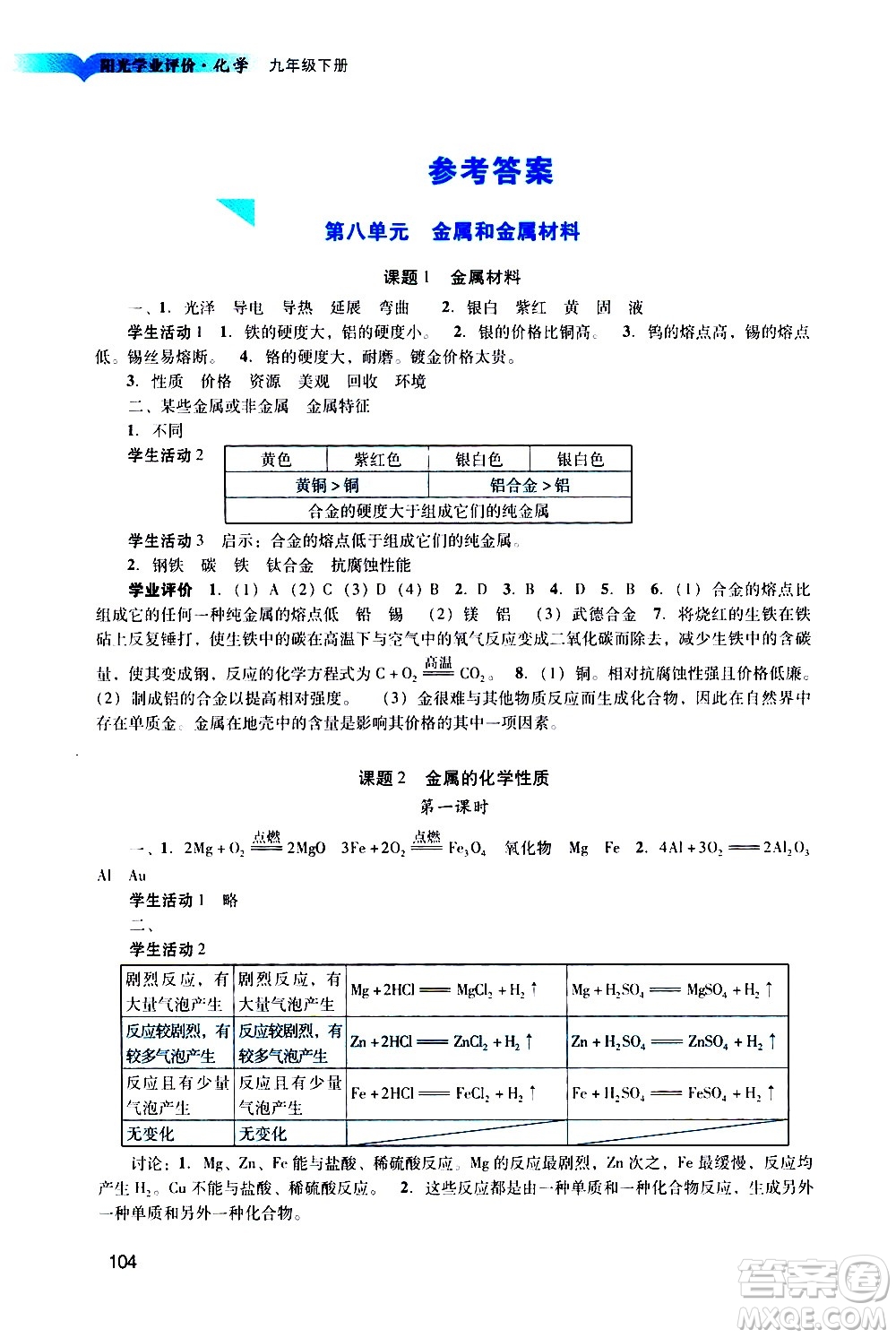 廣州出版社2021陽光學(xué)業(yè)評價化學(xué)九年級下冊人教版答案