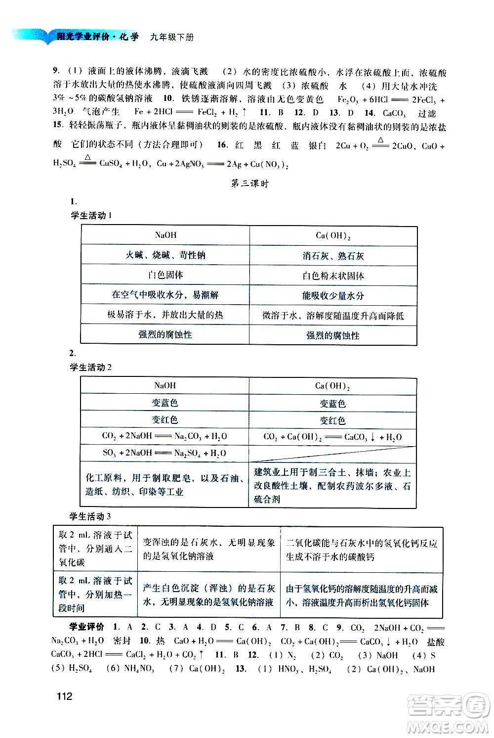 廣州出版社2021陽光學(xué)業(yè)評價化學(xué)九年級下冊人教版答案