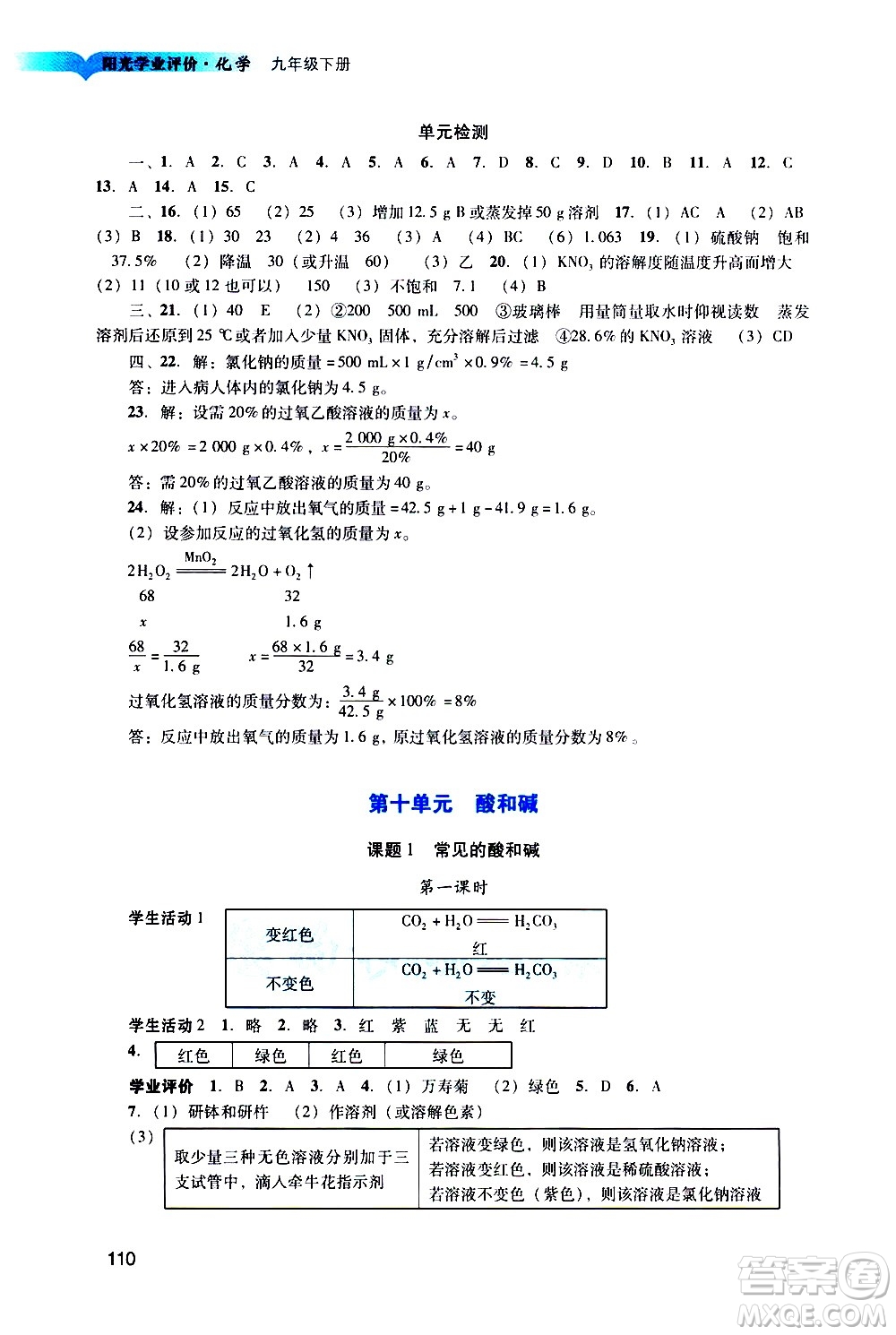 廣州出版社2021陽光學(xué)業(yè)評價化學(xué)九年級下冊人教版答案