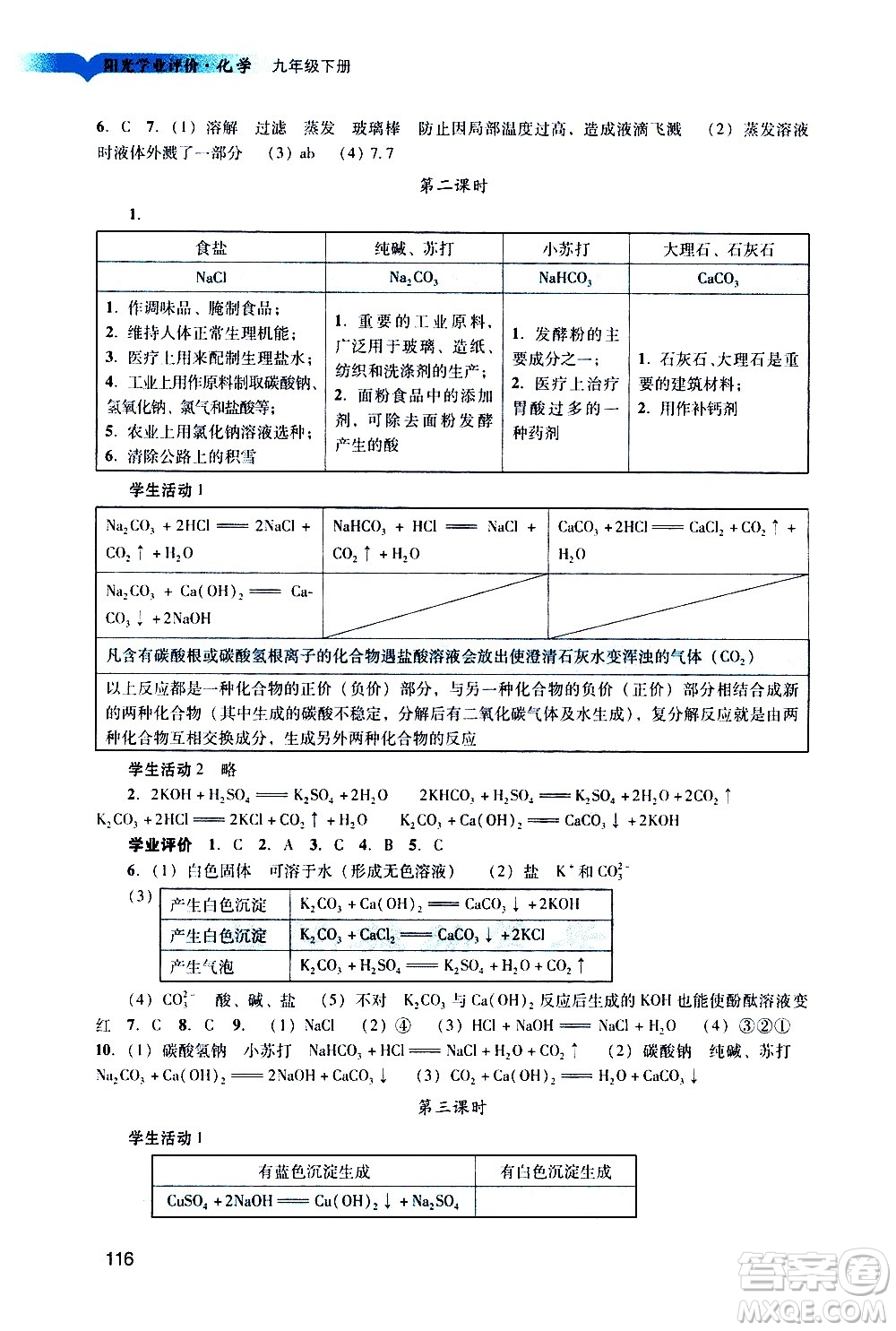 廣州出版社2021陽光學(xué)業(yè)評價化學(xué)九年級下冊人教版答案